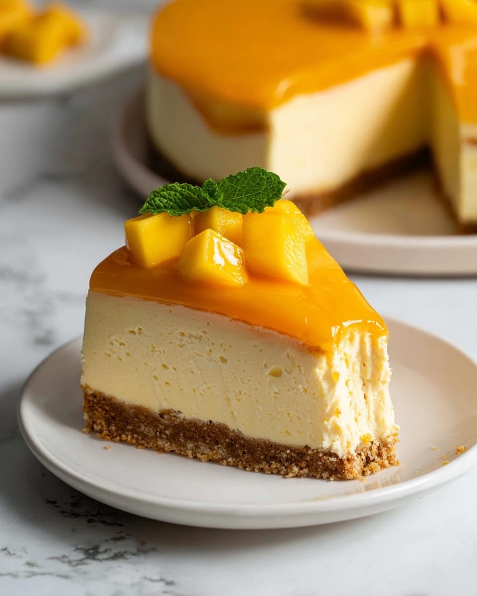 A single slice of three-layered mango cheesecake sits on a white plate with a white marbled surface beneath it. The bottom layer is a crumbly brown biscuit crust, followed by a thick, creamy pale yellow cheesecake middle layer. The top layer is a shiny, smooth bright orange mango glaze with small, cubed mango pieces arranged on top, along with a single fresh green mint leaf for garnish. A small bite is taken from the side, revealing the creamy texture inside. In the background, part of a larger cheesecake with a similar three-layer look is visible on another white plate. Photo taken with an iphone --ar 4:5 --v 7