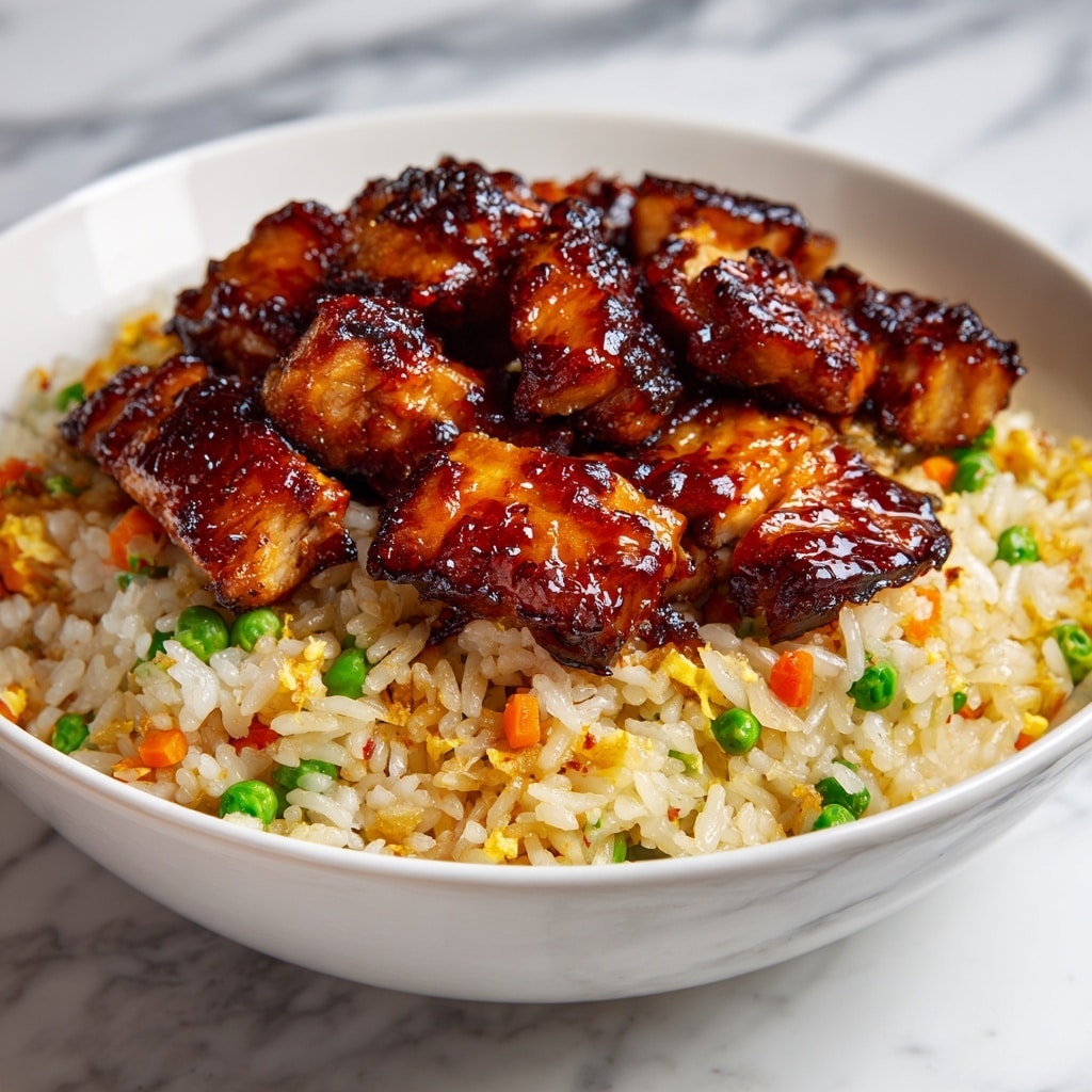 The dish shows a layer of cooked fried rice with visible small green peas and orange carrot bits mixed throughout, giving it a varied texture and pale golden color. On top, there is a second layer of bite-sized grilled chicken pieces coated in a shiny, dark brown glaze with a slightly charred, caramelized look. The chicken pieces are thick and juicy, contrasting with the fluffy texture of the rice below. All the food is served in a white bowl with a smooth edge, and the background has a white marbled texture. photo taken with an iphone --ar 4:5 --v 7