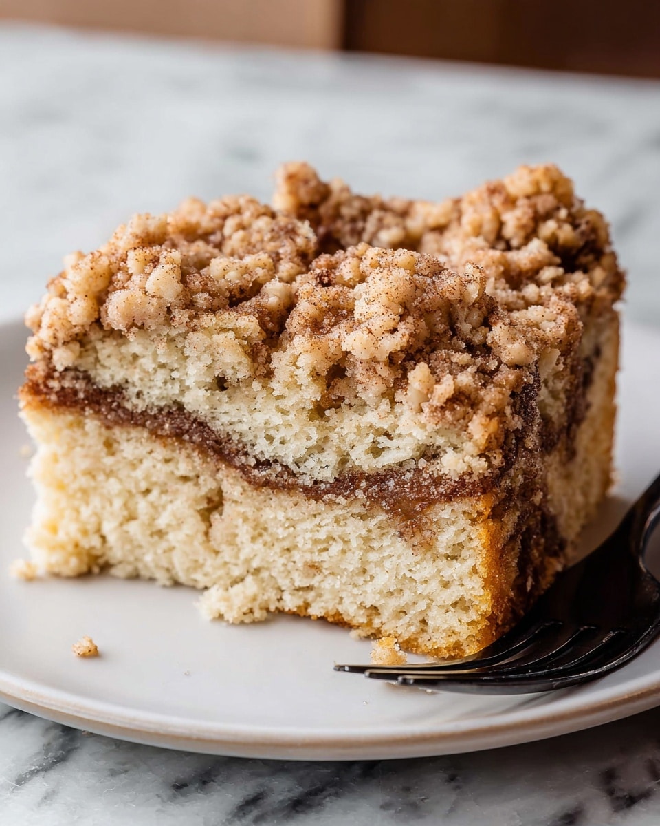 A single thick slice of crumb cake sits on a white plate, showing three main layers: the bottom layer is a soft, light beige cake, slightly crumbly in texture; the middle layer is a thin, darker brown cinnamon swirl that runs through the center; the top layer is a chunky, golden-brown crumb topping with rough, uneven pieces and small nut bits scattered throughout, giving it a crunchy texture. The plate rests on a white marbled surface, and a black fork is placed beside the cake. photo taken with an iphone --ar 4:5 --v 7