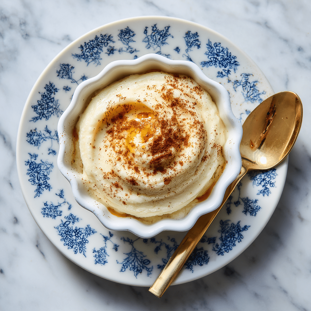 A creamy, smooth pale yellow dish served in a white scalloped ramekin placed on a white plate with blue floral patterns. The top has a small well filled with golden honey, lightly dusted with reddish-brown cinnamon powder. Around the ramekin, a shiny gold spoon rests on the white marbled surface, adding a warm contrast. The dish looks soft and slightly fluffy with a gentle swirl pattern on top. Photo taken with an iphone --ar 4:5 --v 7