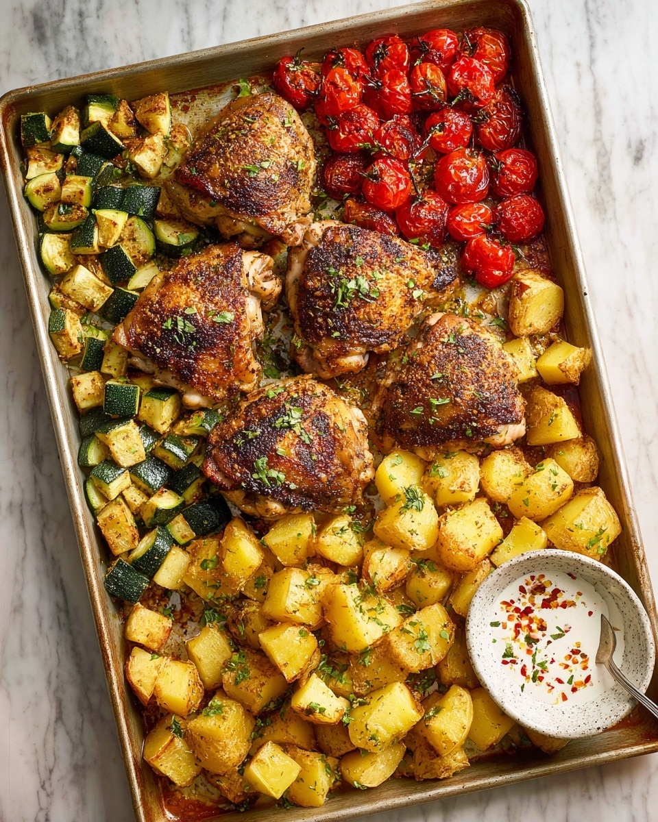 The dish shows three pieces of crispy baked chicken thighs with a rich brown, slightly charred skin, sprinkled with green herbs on top. Around the chicken, there are three sections of roasted vegetables: juicy bright red cherry tomatoes with a wrinkled texture, golden roasted potato chunks with herb flecks, and dark green zucchini cubes with a roasted, slightly browned surface. The colors are warm and vibrant, and everything looks juicy and seasoned. The food is placed on a surface with a white marbled texture. photo taken with an iphone --ar 4:5 --v 7