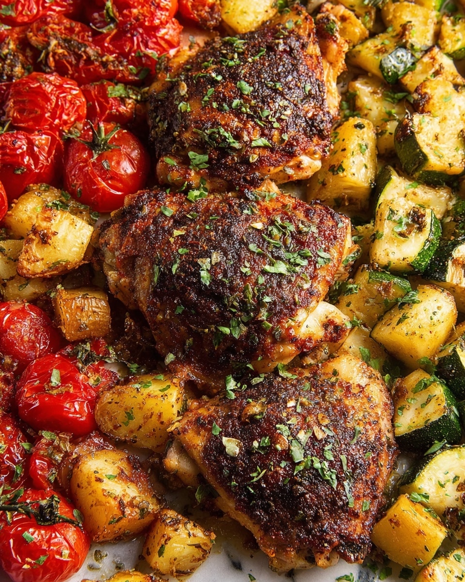 A silver baking tray filled with one layer of roasted food items is shown from the top. On the upper left side, there are five browned, crispy chicken thighs with a slightly rough texture sprinkled with small green herb pieces. To the left of the chicken, there are small chopped green zucchini pieces with a lightly charred exterior, spread in a pile. Below the zucchini are bright red roasted cherry tomatoes, shiny and soft looking with some cracks on the skin. On the right side of the tray are rough cut golden-yellow roasted potato chunks with browned edges scattered evenly. Small green herb leaves are lightly sprinkled over the entire tray. Next to the tray on a white marbled surface is a small speckled white bowl holding a mix of white creamy sauce topped with red chili flakes and small herb leaves. photo taken with an iphone --ar 4:5 --v 7