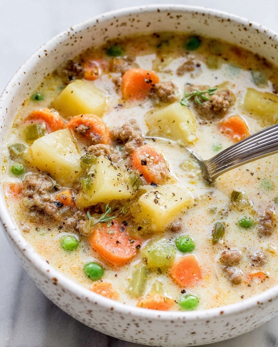 A close-up view of a creamy soup in a white bowl with small brown speckles, featuring chunks of orange carrot, green peas, light yellow potato cubes, and browned ground meat pieces all mixed in a light creamy broth with visible black pepper specks. A silver spoon rests inside, scooping up some of the chunky soup. The bowl sits on a white marbled surface, and the overall scene shows warm, comforting textures and colors. photo taken with an iphone --ar 4:5 --v 7