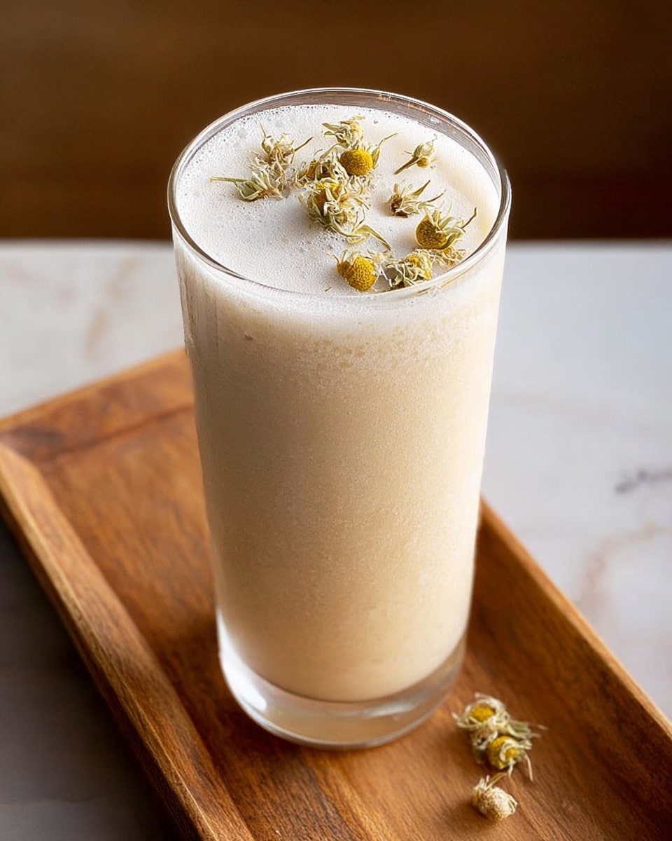 A tall clear glass filled with a creamy light beige smoothie topped with white foam and dried chamomile flowers placed gently on the foam. The glass sits on a wooden tray with a white marbled surface underneath visible at the edges. photo taken with an iphone --ar 4:5 --v 7
