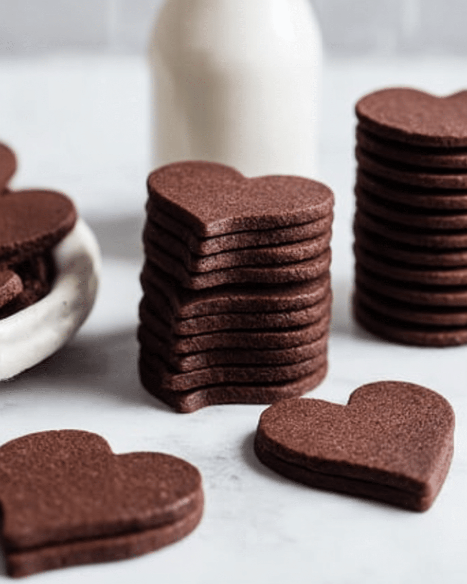 The image shows several stacks of dark brown chocolate cookies on a white marbled surface. One stack is heart-shaped with about ten flat, smooth cookies neatly piled, and another stack has round cookies of a similar count. To the left, there is a smaller stack of star-shaped cookies with a few layers visible. In the background, a white plate holds more round cookies, slightly blurred. A glass bottle filled with milk stands behind the cookie stacks. A single heart-shaped cookie lies flat in the foreground. The overall look is clean, simple, and warm. photo taken with an iphone --ar 4:5 --v 7