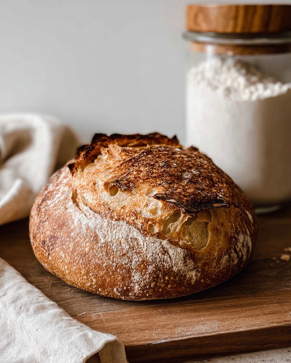 A rustic round loaf of bread with a golden-brown, textured crust sits on a wooden cutting board. The crust shows a mix of smooth and rough patches with some areas slightly darker and crispy, especially along the top where it has split open, revealing a lighter, airy interior underneath. The loaf has a natural, uneven shape with small white bubbles scattered on the crust, hinting at a sourdough style. The background includes a glass jar with white flour and a beige cloth partially visible on the side, all set against a white marbled texture. Photo taken with an iphone --ar 4:5 --v 7