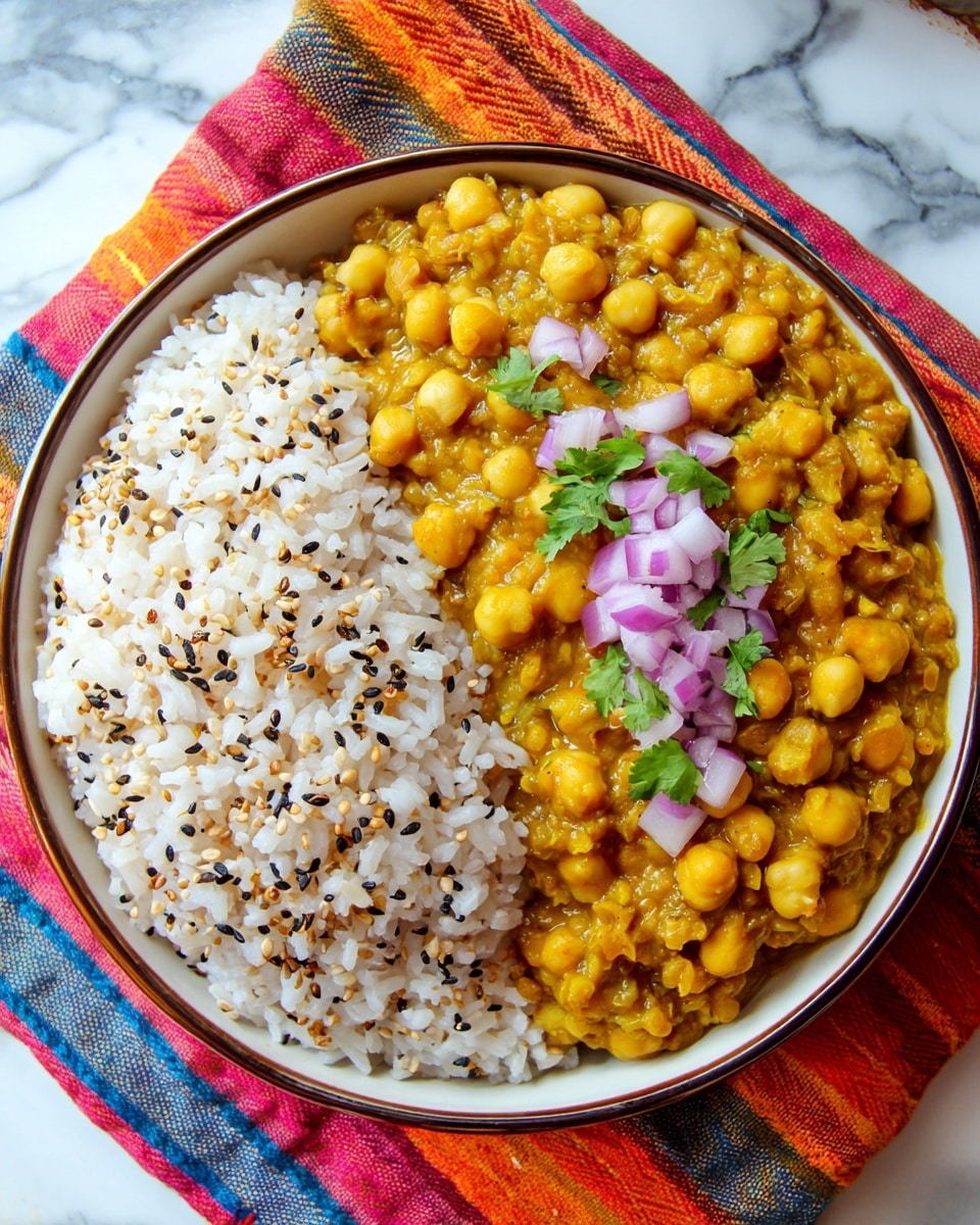 A white round plate is filled with two main layers placed side by side; on the left is a mound of white rice mixed with toasted sesame seeds, creating a speckled texture of black and golden brown spots over the soft rice grains. On the right side, there is a thick yellow chickpea curry with whole chickpeas visible, covered in a rich, slightly chunky sauce. The curry is topped with small pieces of chopped purple onions and green cilantro leaves sprinkled in the center. The plate is placed on a colorful striped cloth with shades of orange, blue, red, and cream, resting on a white marbled surface. photo taken with an iphone --ar 4:5 --v 7