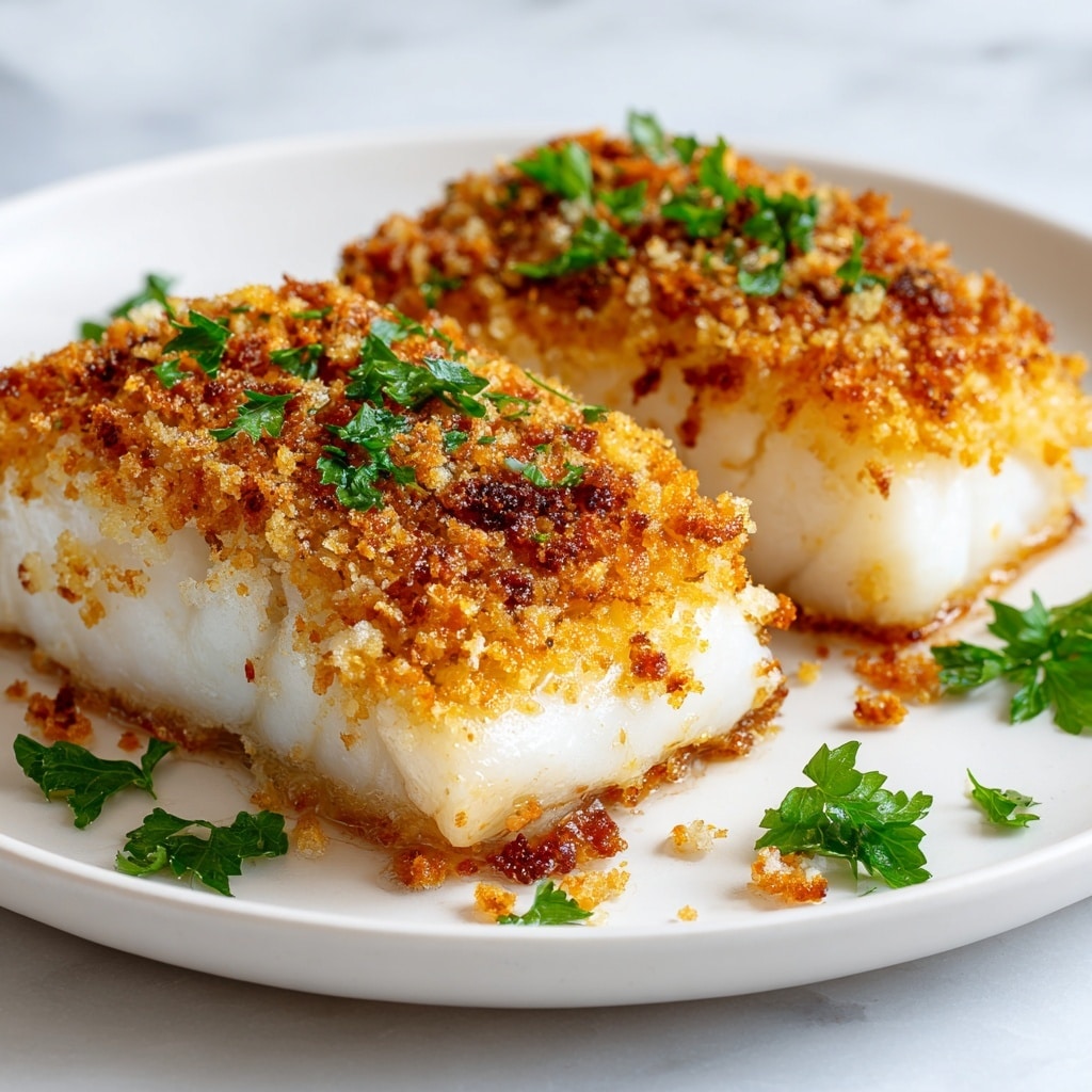 The dish shows pieces of white fish fillet each covered with a golden-orange crispy topping that looks crunchy and crumbly. The fish layer underneath is moist and white, while small green parsley leaves are scattered on top and around for color contrast. The pieces are placed on a white plate with a smooth, shiny surface, set against a white marbled textured background. photo taken with an iphone --ar 4:5 --v 7