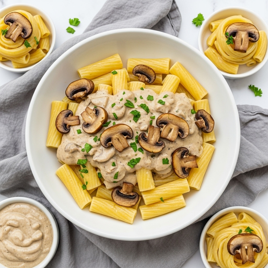 A white bowl is filled with rigatoni pasta layered with creamy mushroom sauce and scattered with sliced brown mushrooms and small green parsley pieces. The rigatoni tubes are pale yellow and smooth, sitting partially covered by the light beige mushroom sauce. Around the bowl, there are small white dishes with extra creamy mushroom sauce and small portions of pasta with mushrooms. The scene is set on a white marbled surface partly covered by a soft gray cloth. photo taken with an iphone --ar 4:5 --v 7