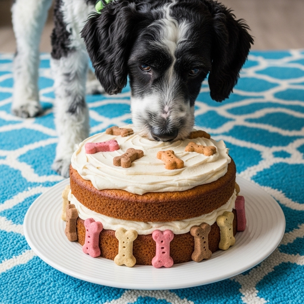 A two-layer round cake is placed on a white plate. The bottom layer is light brown with a smooth, creamy beige frosting spread evenly on top. The top layer is of the same cake, topped with the same beige frosting that looks soft and whipped. Around the base and on top of the frosting, there are small dog bone-shaped treats in pink, beige, and brown colors. The cake sits on a bright blue and white patterned rug, and a black and white dog with curly fur wearing a light green collar sniffs the top of the cake. Photo taken with an iphone --ar 4:5 --v 7