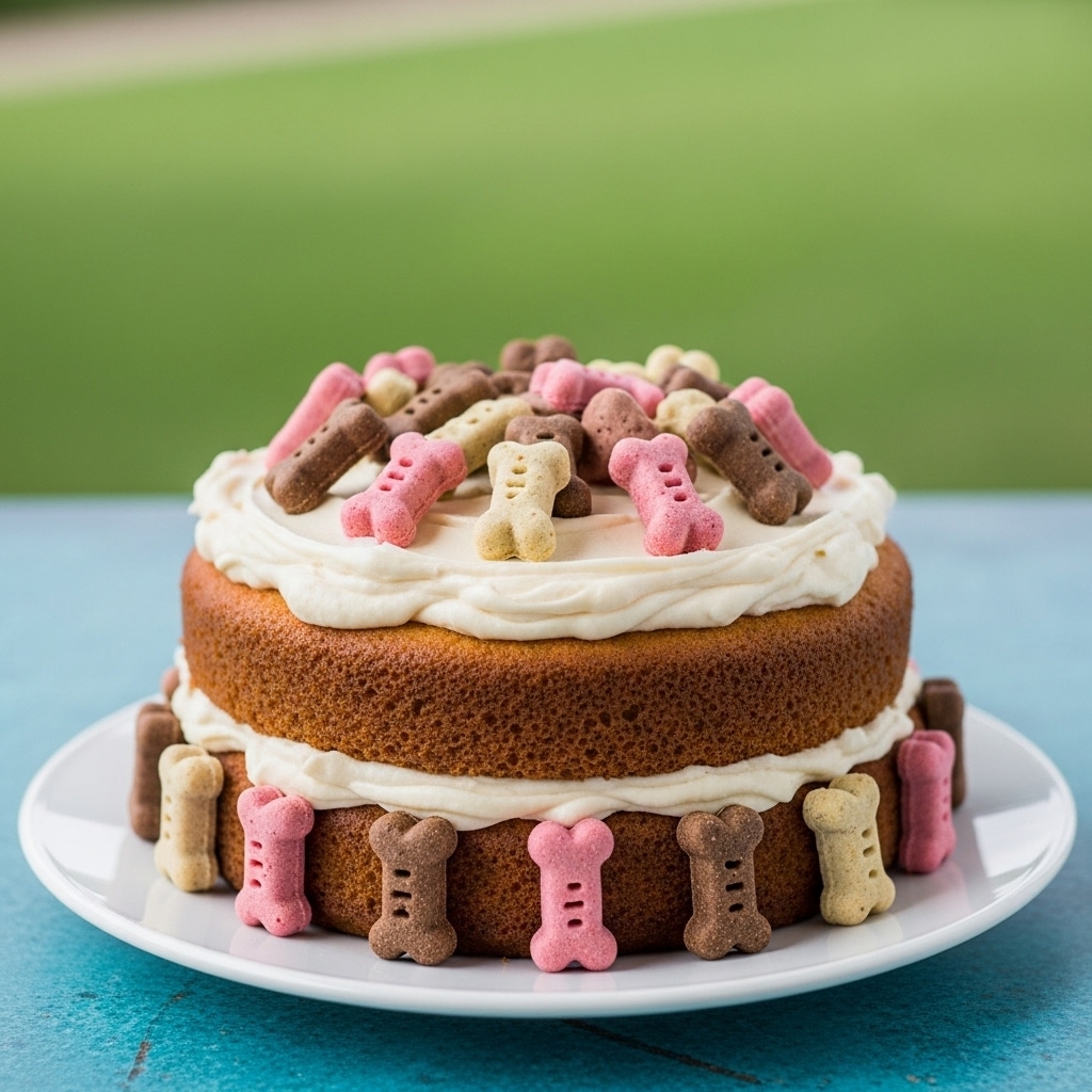 A two-layer cake sits on a white plate placed on a blue textured surface with a green blurred background. The bottom layer is thick and golden brown with a smooth, creamy light beige frosting spread evenly on top, extending slightly over the edge. The top layer is smaller in diameter, also golden brown, resting centered over the frosting of the bottom layer. It is covered with the same light beige frosting, thicker on the surface with rough swirls. On top of the cake and around the base on the plate, there are numerous small bone-shaped treats in pink, brown, and white colors arranged in a neat pattern. photo taken with an iphone --ar 4:5 --v 7
