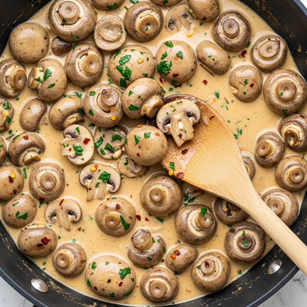 A close-up view of a skillet filled with whole and halved mushrooms soaking in a creamy light brown sauce. The mushrooms vary in size and have a slightly glossy texture. The sauce is thick and speckled with bits of green herbs and small red flakes, likely chili or pepper. A wooden spoon rests inside the skillet, partially covered in the creamy sauce, with some mushrooms gathered around it. The background shows a white marbled texture. photo taken with an iphone --ar 4:5 --v 7