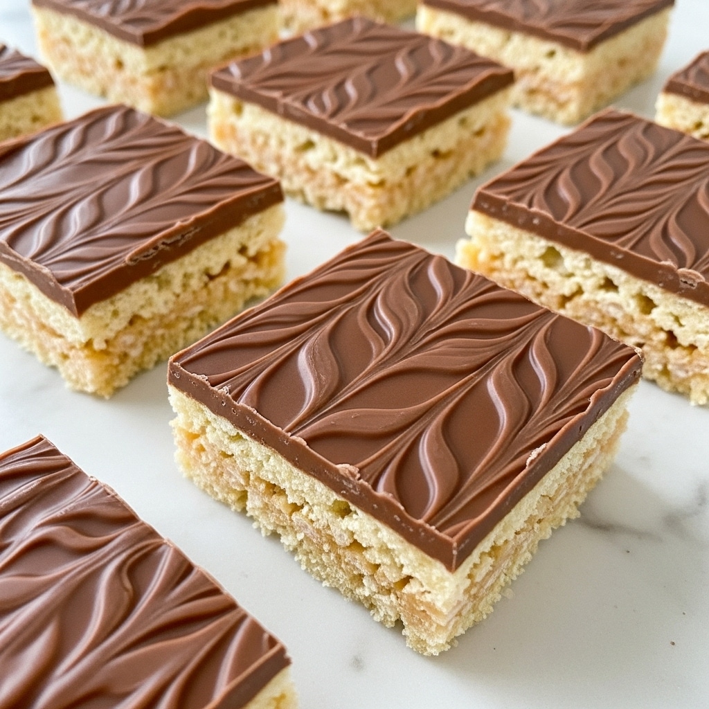 The image shows several square bars laid out on a white marbled surface. Each bar has two layers: the bottom layer is a light golden crispy rice cereal with a rough texture, and the top layer is a smooth, glossy milk chocolate with swirling patterns creating a wavy design. The edges of the bars are cleanly cut, highlighting the contrast between the textured base and the creamy top. Photo taken with an iphone --ar 4:5 --v 7