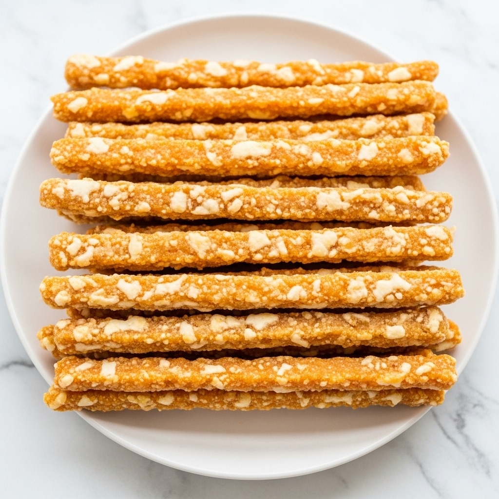 A white plate filled with a pile of long, thin meat sticks stacked in multiple layers, each stick showing a reddish-brown color with a textured, crispy surface and some yellowish seasoning spots scattered on them, the meat sticks slightly shiny and uneven in shape, giving a rough and crunchy look, set against a white marbled background. photo taken with an iphone --ar 4:5 --v 7