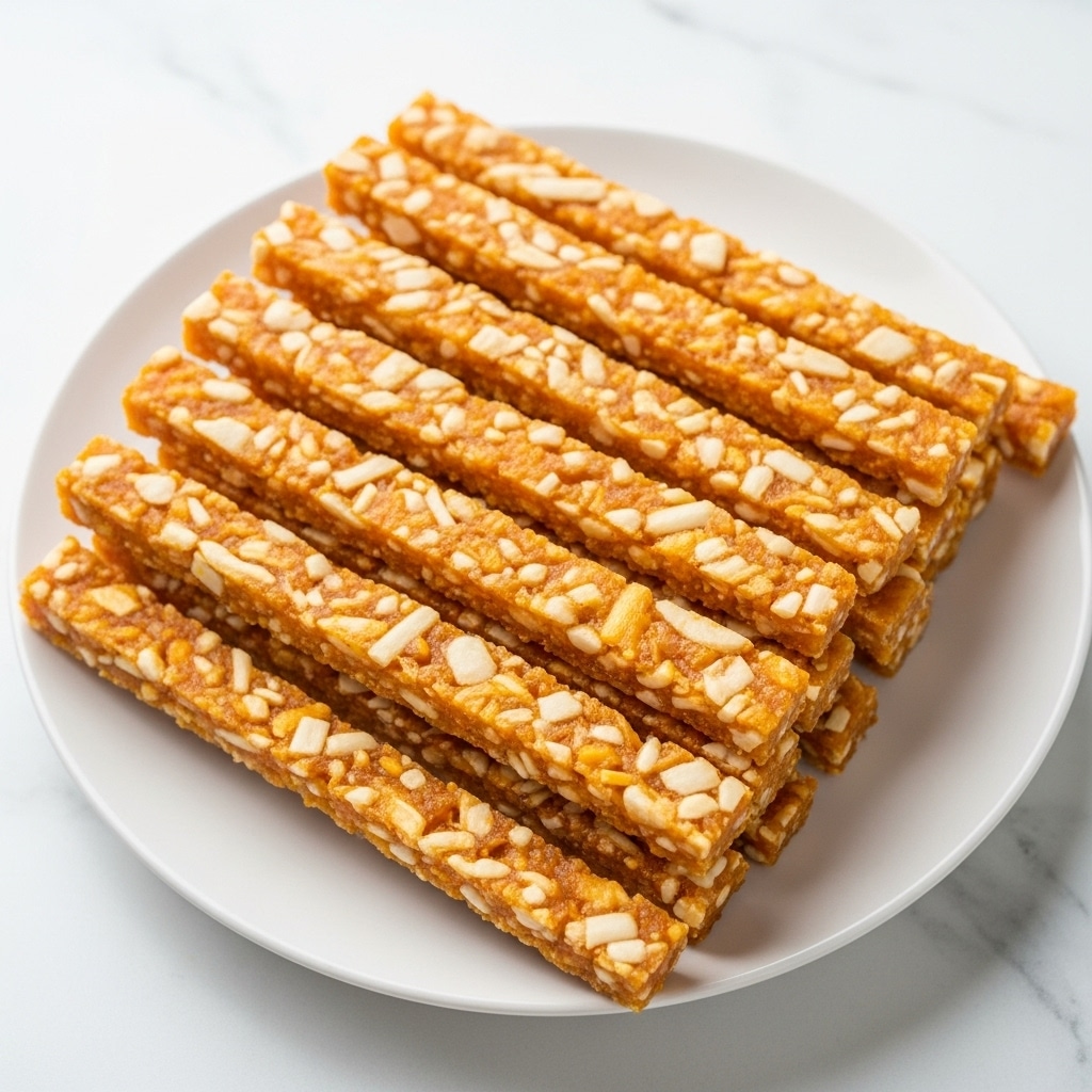 The image shows a white plate filled with about ten thin, long sticks stacked closely together. Each stick has a rough, crunchy texture with a golden-orange color mixed with white patches that look like cheese or batter coating. The sticks are arranged in a neat pile, pointing mostly in the same direction with uneven edges and a crispy appearance. The whole scene is set on a white marbled surface. photo taken with an iphone --ar 4:5 --v 7