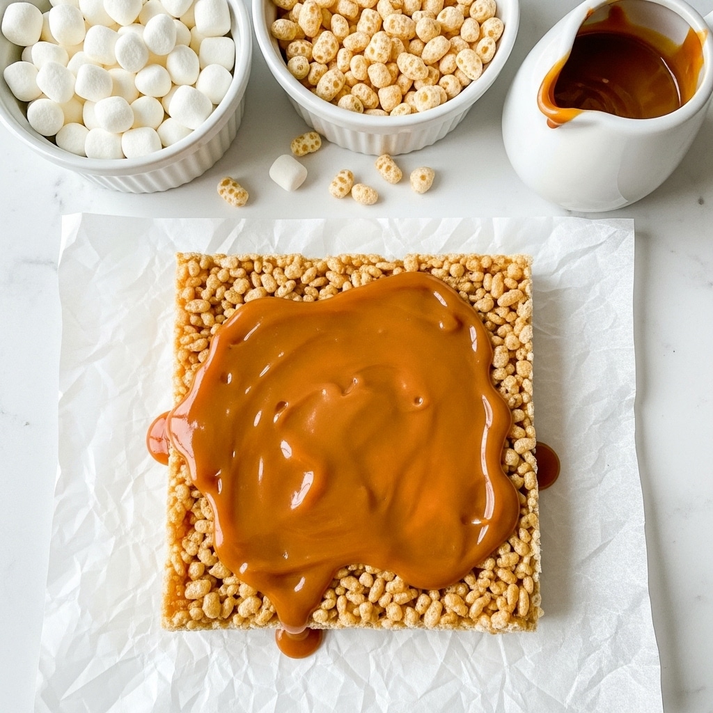A square rice crispy treat sits on crumpled white parchment paper, with a thick drizzle of smooth, light brown caramel sauce evenly spread over the top, slightly dripping down the sides. The treat itself has a slightly glossy, pale tan and puffed texture from the rice cereal, with visible puffed grains tightly packed together. Above the treat are two white bowls containing small white marshmallows and puffed rice cereal, along with a small white jug filled with more caramel sauce, all placed on a white marbled surface. The overall scene has a soft and inviting feel, showing a mix of smooth and crispy textures on the dessert. photo taken with an iphone --ar 4:5 --v 7