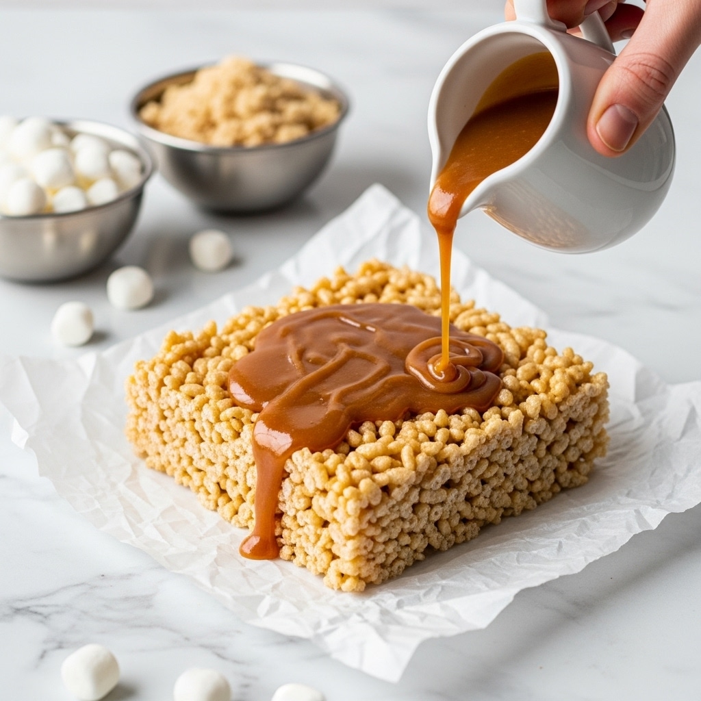 A close-up shows a square block of crispy rice cereal treats resting on crumpled white parchment paper on a white marbled surface. The treat is light golden brown with a textured, puffed rice pattern. A woman's hand pours a thick stream of smooth, caramel-colored sauce from a small white pitcher, drizzling it over the top and sides of the treat. In the background, slightly out of focus, are two metal bowls on the white marbled surface; one bowl holds small white mini marshmallows, and the other contains a rough, light tan crumbly topping. Photo taken with an iphone --ar 4:5 --v 7