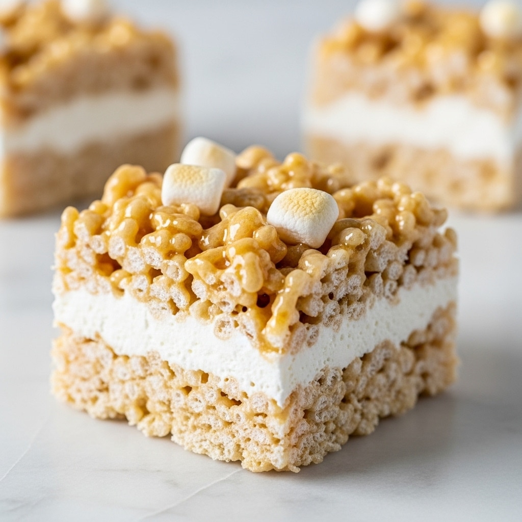 A close-up view of a square rice crispy treat with two layers: the bottom layer is a firm, light tan crispy rice base, and the top layer is coated with a sticky, shiny white marshmallow mixture that holds the crispy rice together, giving a soft and chewy texture. The treat rests on a white marbled surface with blurred similar treats in the background. Photo taken with an iphone --ar 4:5 --v 7