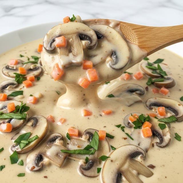 A black pan filled with creamy mushroom sauce, the sauce is light beige with visible pieces of sliced mushrooms and small bits of green herbs scattered on top. A wooden spoon is lifting a portion, showing the thick, smooth texture mixed with tender mushroom slices and specks of orange-colored bits. The pan rests on a white marbled surface, and a white cloth is placed loosely nearby. photo taken with an iphone --ar 4:5 --v 7