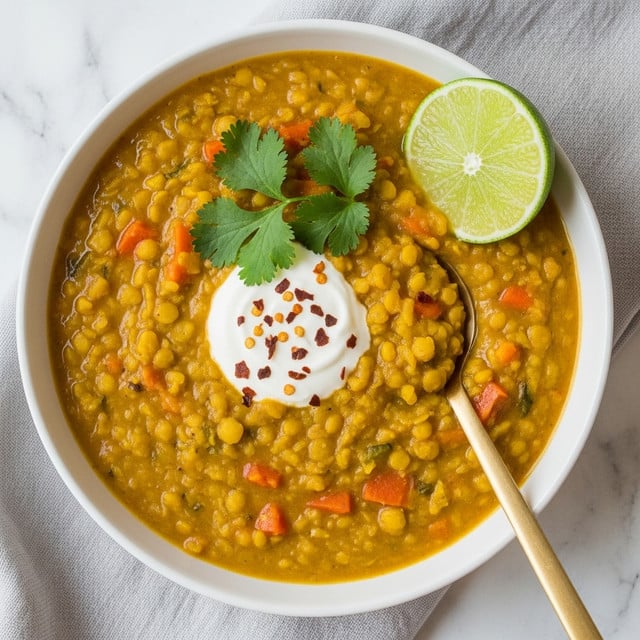 A bowl filled with thick, yellow lentil stew with a creamy texture, showing small pieces of orange vegetables mixed in. On top, there is a white creamy dollop in the center, sprinkled with small red chili flakes. Fresh green cilantro leaves are placed on top near the cream and a bright green lime wedge rests on the edge of the bowl. A golden spoon is placed inside the bowl, sinking slightly into the lentil stew. The bowl is white and sits on a soft light-gray cloth on a white marbled surface. photo taken with an iphone --ar 4:5 --v 7