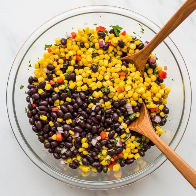 A clear glass bowl filled with a colorful mix of three main layers: black beans that are shiny and round, bright yellow corn kernels with a smooth texture, and small pieces of red and yellow bell peppers adding sharp color contrast. There are also tiny bits of purple onion and green herbs scattered evenly throughout the mix, giving a fresh look. Two wooden spoons rest inside the bowl, ready for serving. The whole scene is set on a white marbled surface. photo taken with an iphone --ar 4:5 --v 7