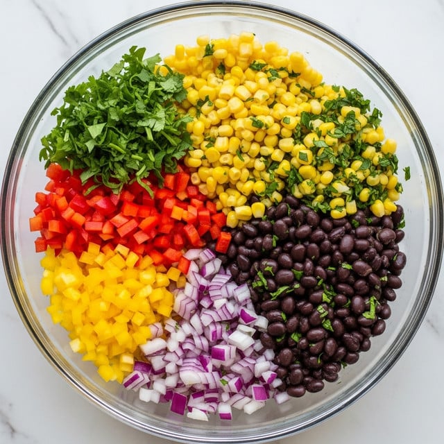 A clear glass bowl filled with six separate sections of chopped ingredients sits on a white marbled surface. From the top left, there is a pile of fresh green chopped cilantro, followed by bright yellow corn kernels mixed with bits of green herbs to the right. Below the corn, there is a large section of shiny, black beans also mixed with small green herbs. At the bottom center, there are small diced purple and white onions, and to the left of the onions is a pile of finely chopped yellow bell peppers. Above the yellow peppers, covering the left middle section, is a pile of diced red bell peppers. The ingredients are fresh with vivid and clear colors, arranged neatly and distinctly in the bowl. Photo taken with an iphone --ar 4:5 --v 7