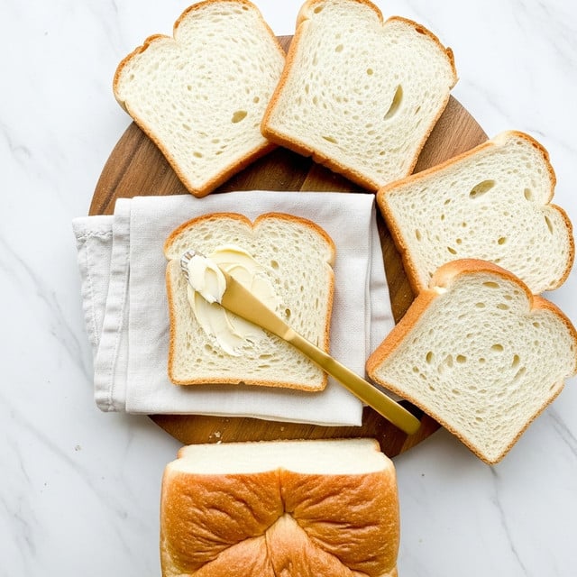 The image shows five slices of soft white sandwich bread arranged on a white marbled surface. One slice is placed on a piece of light-colored cloth on top of a round wooden board. On this slice, there is a gold butter knife with a small amount of butter spread on its tip, resting diagonally. The other four slices are loosely fanned out around the board, showing their fluffy light texture with small air holes. The bread crusts are light brown, and one half of a loaf of the same bread is visible at the bottom, showing a soft, slightly wrinkled top crust. The overall setting is bright and clean. Photo taken with an iphone --ar 4:5 --v 7