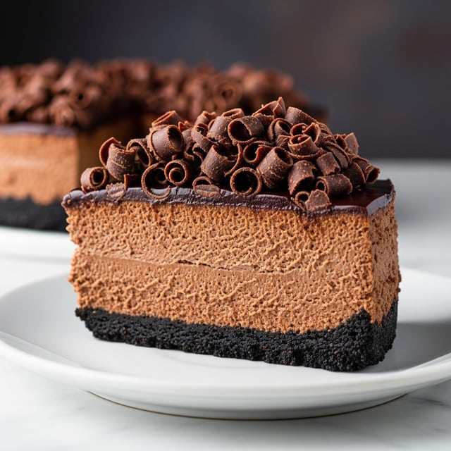 The image shows a rich chocolate cake with three clear layers sitting on a round metal rack against a white marbled surface. The bottom layer is a dark, crumbly crust, the middle is a thick, smooth chocolate cheesecake filling in a light brown shade, and the top is a thick, glossy dark chocolate ganache that slightly drips over the edges. The surface of the ganache is decorated with many small, curled chocolate shavings. The cake has one slice removed, showing the creamy texture and neat layers inside. photo taken with an iphone --ar 4:5 --v 7
