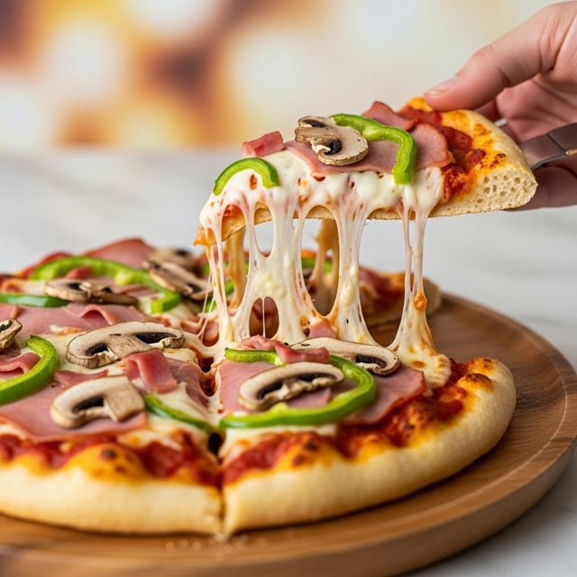 A close-up of a pizza slice being lifted from a pizza on a wooden board. The pizza has a thick, golden-brown crust with a layer of red tomato sauce visible underneath melted, stretching white cheese. On top of the cheese, there are pieces of green bell peppers, small mushrooms, and slices of ham that have a slightly cooked, pinkish look. The pizza is placed on a wooden surface, with the background showing a blurred person wearing a white and blue striped shirt. Photo taken with an iphone --ar 4:5 --v 7