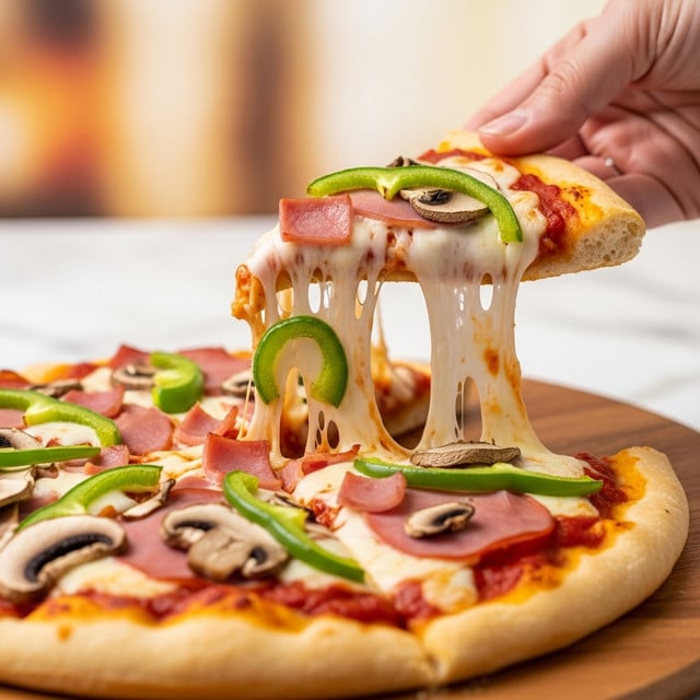 A close-up of a slice of pizza being lifted from a whole pizza on a wooden tray, showing several layers: a golden brown crust at the bottom, a layer of red tomato sauce above it, melted white cheese stretching in long strings from the slice to the pizza, topped with pinkish pieces of ham, green bell pepper slices, and light brown mushrooms. A woman's hand is holding the slice, and the background is softly blurred with warm colors. The surface beneath the pizza is a white marbled texture. Photo taken with an iphone --ar 4:5 --v 7