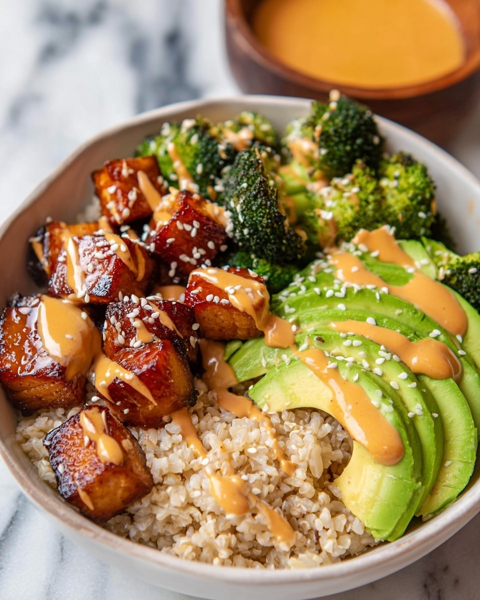 A wooden bowl filled with four main layers: a base layer of light brown cooked rice on the right side, followed by bright green broccoli florets and light green chopped cucumber pieces on the left side, topped with shiny, glazed chunks of dark amber teriyaki salmon sprinkled with white sesame seeds in the center, and fresh sliced avocado with pale green and yellow tones at the bottom right, also sprinkled with sesame seeds. Next to the bowl, on a white marbled surface, there is a brown-rimmed white bowl containing creamy orange sauce with texture, a metallic spoon inside. Half an avocado with seed is placed near the top left corner, and there are blue-and-white chopsticks on the right side of the bowl. The image has a warm, natural lighting with a mustard-colored cloth peek on the bottom left. Photo taken with an iphone --ar 4:5 --v 7