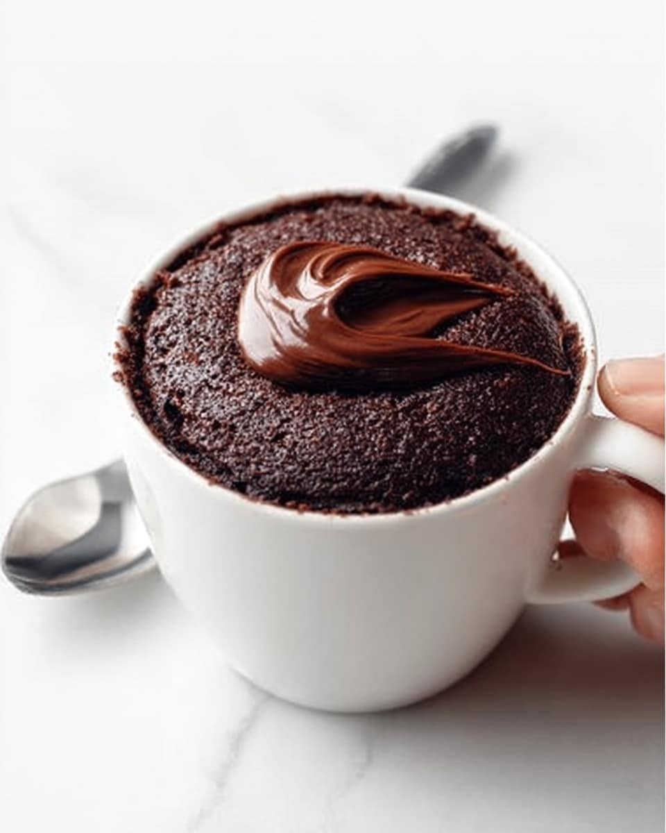 A white cup filled with a dark chocolate cake showing a soft and moist texture. The cake has a smooth, glossy chocolate layer on top with a spoon digging into the middle, lifting a piece that reveals the rich, dense interior. The surface is slightly crumbly with small chocolate bits around the edge of the cup. The cup sits on a white marbled surface. Photo taken with an iphone --ar 4:5 --v 7