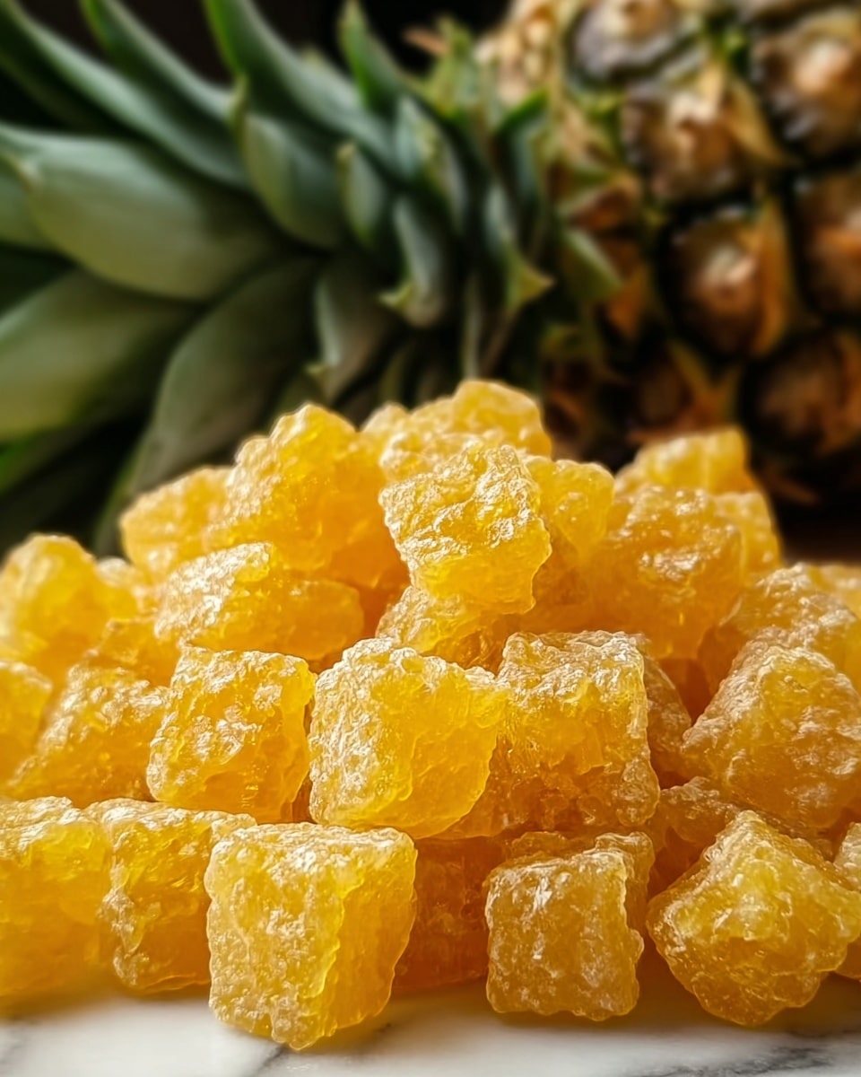 A close-up image shows a heap of small, golden-yellow, translucent gummy cubes with a glossy, slightly bumpy surface that makes them look juicy and soft. The cubed candies fill the frame, and in the blurred background, there is a pineapple with its rough brown and green skin, indicating the flavor of the gummies. The whole scene rests on a white marbled surface that is mostly out of focus, drawing attention to the shiny texture and bright color of the gummy cubes. Photo taken with an iphone --ar 4:5 --v 7