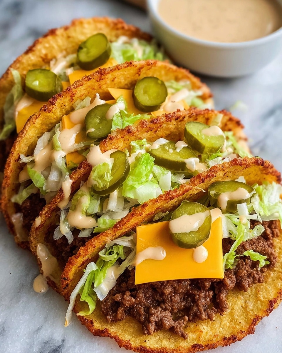 Two crispy, golden-brown taco shells are folded and filled with layers starting from a base of crumbly browned ground beef, topped with bright yellow melted cheddar cheese slices. Over the cheese, there are chopped white onions and fresh shredded light green lettuce, with green pickle slices placed on top. Drizzled creamy light tan sauce is seen over the lettuce and pickles. The tacos rest on a white marbled surface with a blur of a white bowl containing the same sauce in the background. Photo taken with an iphone --ar 4:5 --v 7