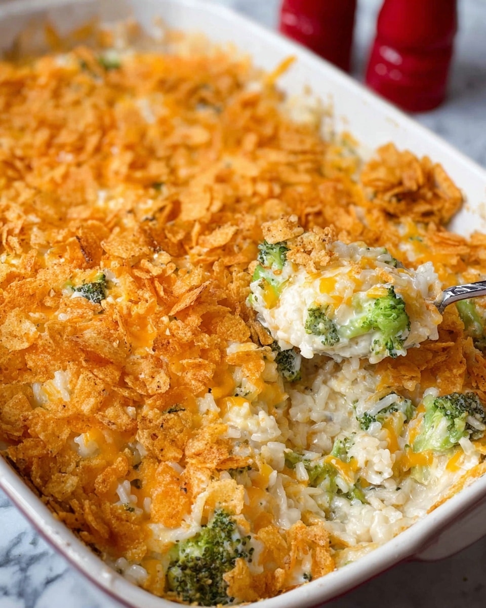 A white rectangular dish filled with a creamy casserole that has three layers visible: the bottom layer is a soft white creamy mixture with pieces of green broccoli and bits of cooked rice, the middle layer has melted yellow cheese spread unevenly, and the top layer is a crunchy, bright orange crumb topping covering the entire surface. The texture of the top layer looks crispy, while the layers underneath are moist and soft. A spoon is scooping out a portion from the dish, showing the mix of all layers. The dish is placed on a white marbled surface, with a blurred red object in the background. photo taken with an iphone --ar 4:5 --v 7