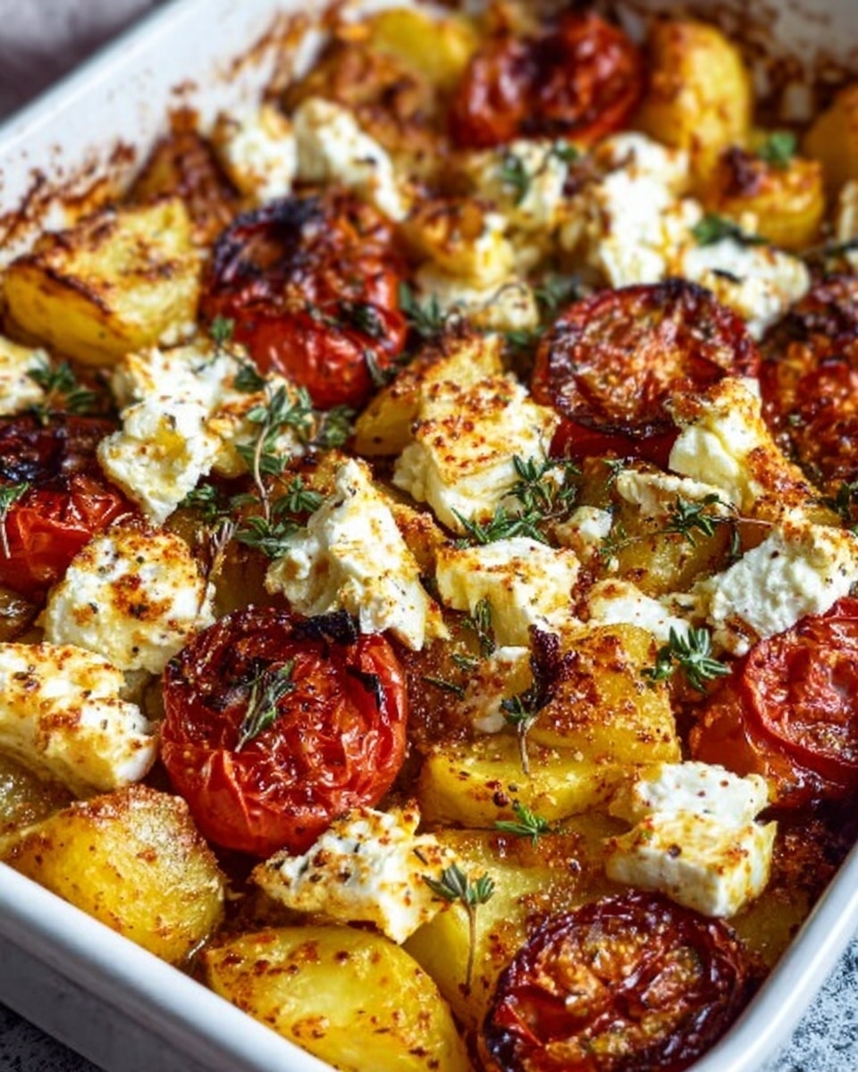 The dish shows a white rectangular baking tray filled with layered roasted potatoes and halved cherry tomatoes, all cooked to a golden brown with a slightly crispy texture. On top of the vegetables, there are scattered thick dollops of soft, crumbly white cheese, sprinkled with finely chopped fresh green herbs. The tomatoes are roasted with some charred spots, giving a roasted, juicy look, while the potatoes have a roasted, speckled brown texture. The entire scene sits on a white marbled surface. photo taken with an iphone --ar 4:5 --v 7