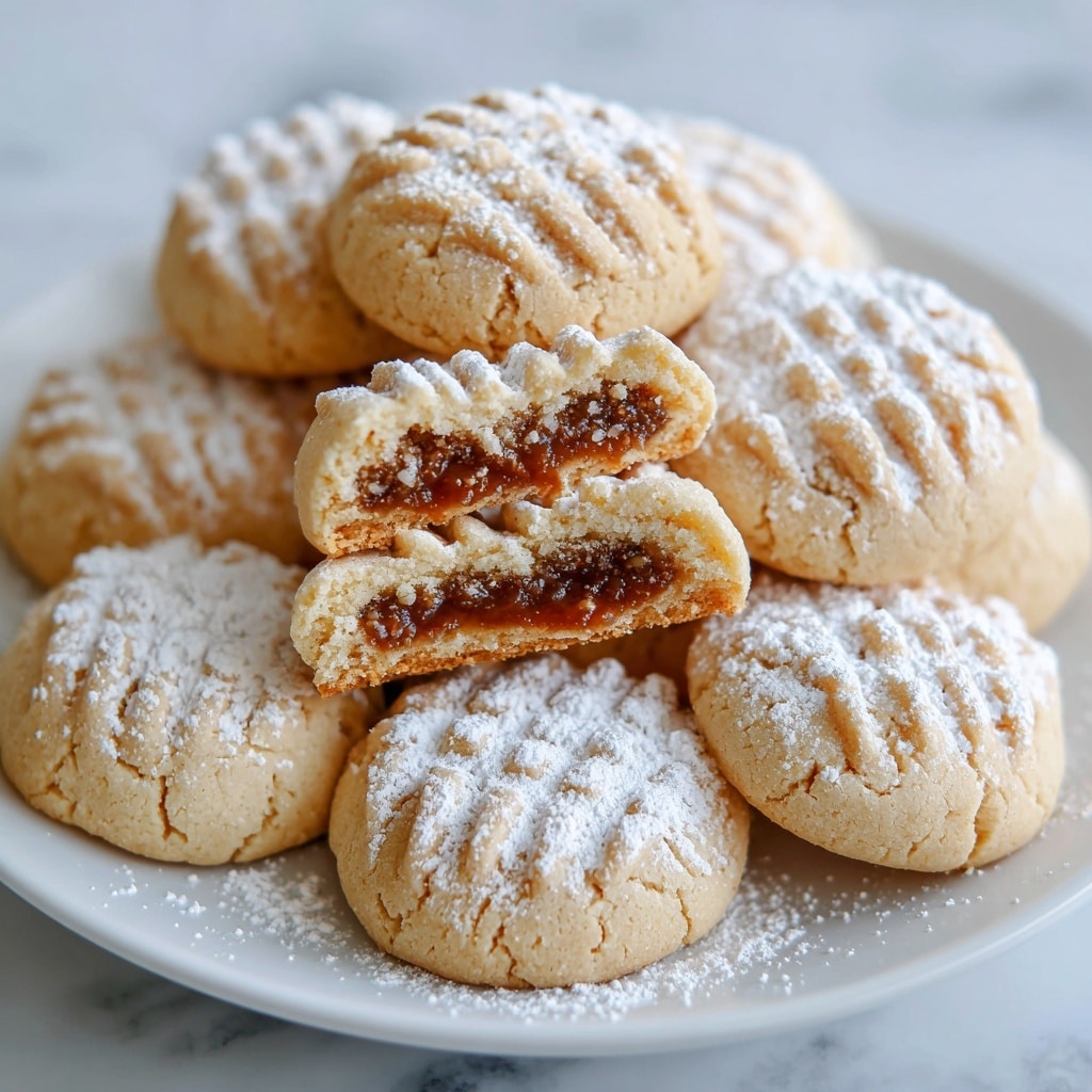 A round black plate filled with about twelve small golden brown cookies, each with unique textured patterns on top including lines, crisscross, and sunburst shapes. The cookies have a lightly baked, crumbly appearance with slightly darker edges. Behind the plate, there are two clear glasses filled with dark liquid sitting on black saucers on a white marbled surface, and a blurry milk container in the background. photo taken with an iphone --ar 4:5 --v 7