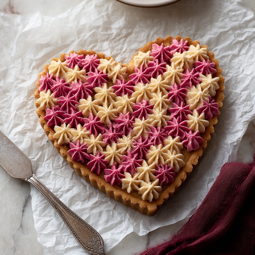 The image shows a heart-shaped tart with a golden-brown crust on a crumpled white parchment paper, placed on a white marbled surface. The tart is decorated with two types of piped cream in small star shapes, arranged closely together to cover the top surface. One layer of cream is a light beige color, while the other is a bright pink, both alternating evenly across the tart to create a textured, floral-like pattern. A vintage silver knife lies to the left of the tart, and soft beige and dark red cloths are seen partially in the bottom right corner. Photo taken with an iphone --ar 4:5 --v 7