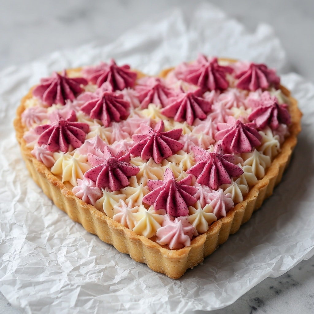The image shows a heart-shaped tart with a golden crust. The tart has two layers of decoration on top: the bottom layer is covered with small, light pink cream stars closely packed together, and the top layer is made of larger, darker pink cream flowers shaped like stars placed evenly across the surface. The tart sits on white crumpled paper on a white marbled surface. Photo taken with an iphone --ar 4:5 --v 7
