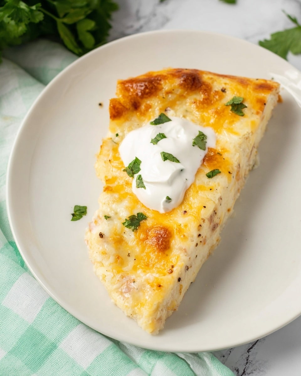 A single slice of enchilada lies on a white plate set on a white marbled surface, showing three main layers: a soft, light beige tortilla at the base, a creamy white sauce with some black pepper specks middle layer, and a top layer of melted, slightly browned golden-yellow cheese with green parsley leaves scattered on top. The enchilada slice is topped with a dollop of smooth, white sour cream garnished with small parsley pieces. In the background, a bunch of fresh green cilantro is visible, and part of a light turquoise and white checkered cloth is draped near the plate. photo taken with an iphone --ar 4:5 --v 7