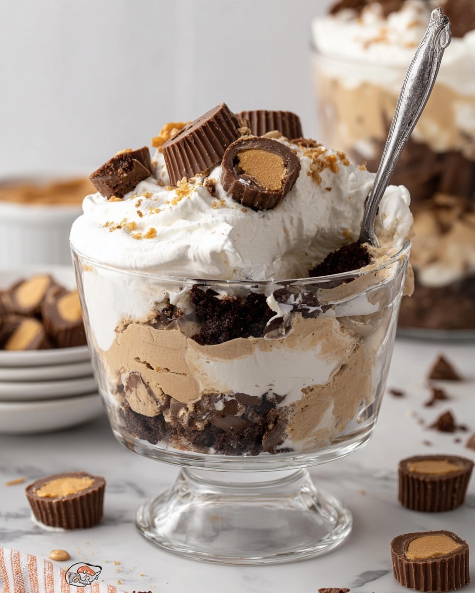 The image shows a tall, clear glass trifle bowl on a white pedestal, filled with five visible layers. Starting from the bottom, there is a dark brown layer made of brownie or chocolate chunks. Above it is a light tan, creamy layer that looks smooth and thick. The third layer is another layer of dark brown chocolate chunks mixed with pieces of peanut butter cups. The fourth layer is bright white and fluffy, resembling whipped cream. On top, there is a thick, light tan creamy layer with more chocolate peanut butter cup pieces scattered on it. The background is a white marbled texture. Photo taken with an iphone --ar 4:5 --v 7