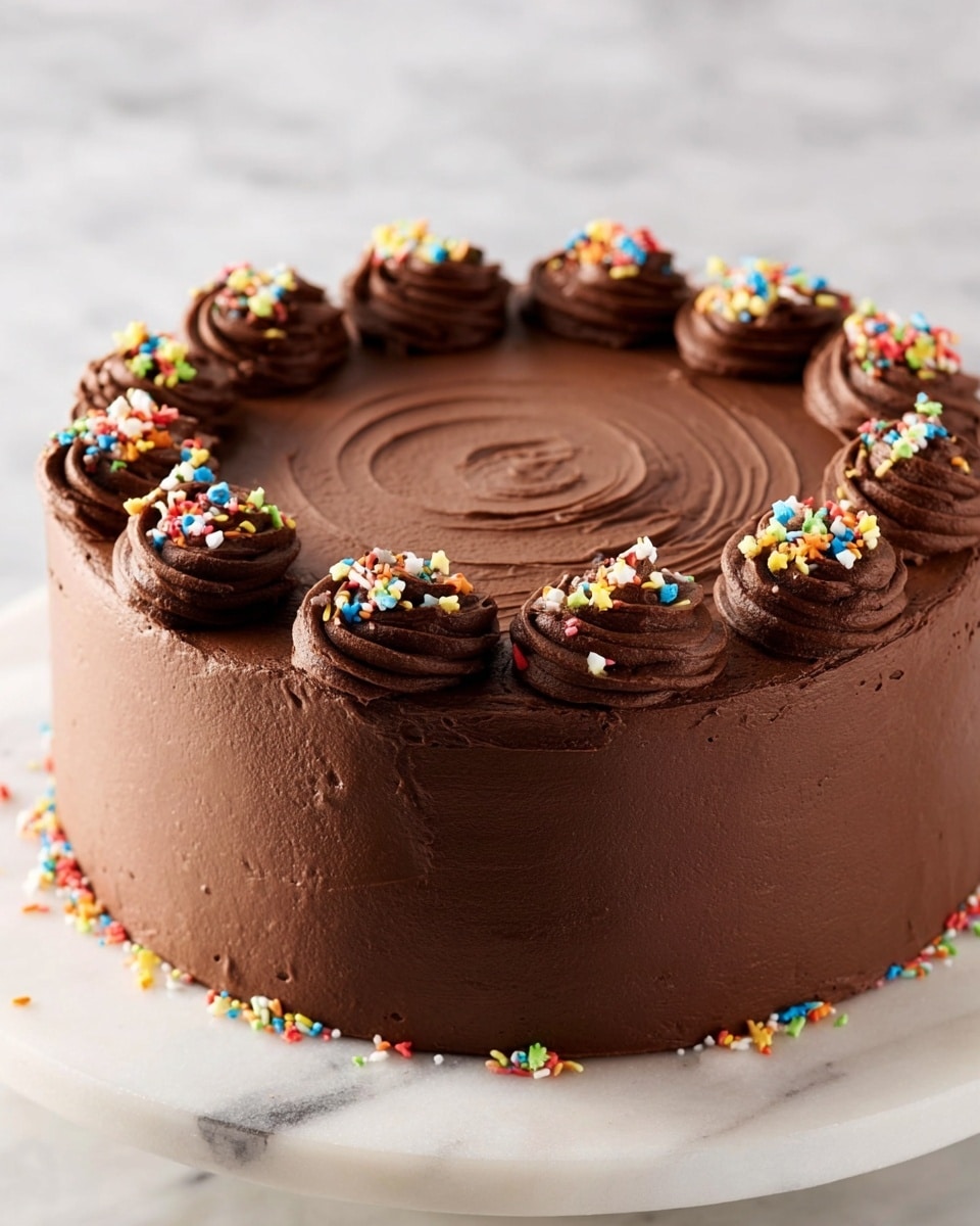A round chocolate cake with smooth, rich dark brown frosting covers the entire cake. On top, a swirl pattern is lightly carved into the surface. Around the edge, there are about ten dollops of thick chocolate frosting, each decorated with small, colorful sprinkles in red, yellow, blue, green, white, and orange. The cake sits on a white marbled surface, and soft light creates a cozy atmosphere. photo taken with an iphone --ar 4:5 --v 7