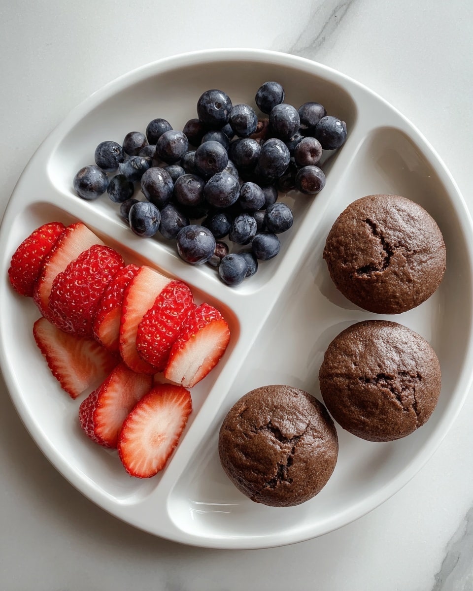 The image shows a white round plate with three sections: one section has five sliced red strawberries placed neatly in a row, the second section holds a small pile of round, dark blue blueberries, and the largest section has five small round chocolate muffins with a slightly cracked top, arranged in a semicircle. The plate is set on a white marbled surface. photo taken with an iphone --ar 4:5 --v 7