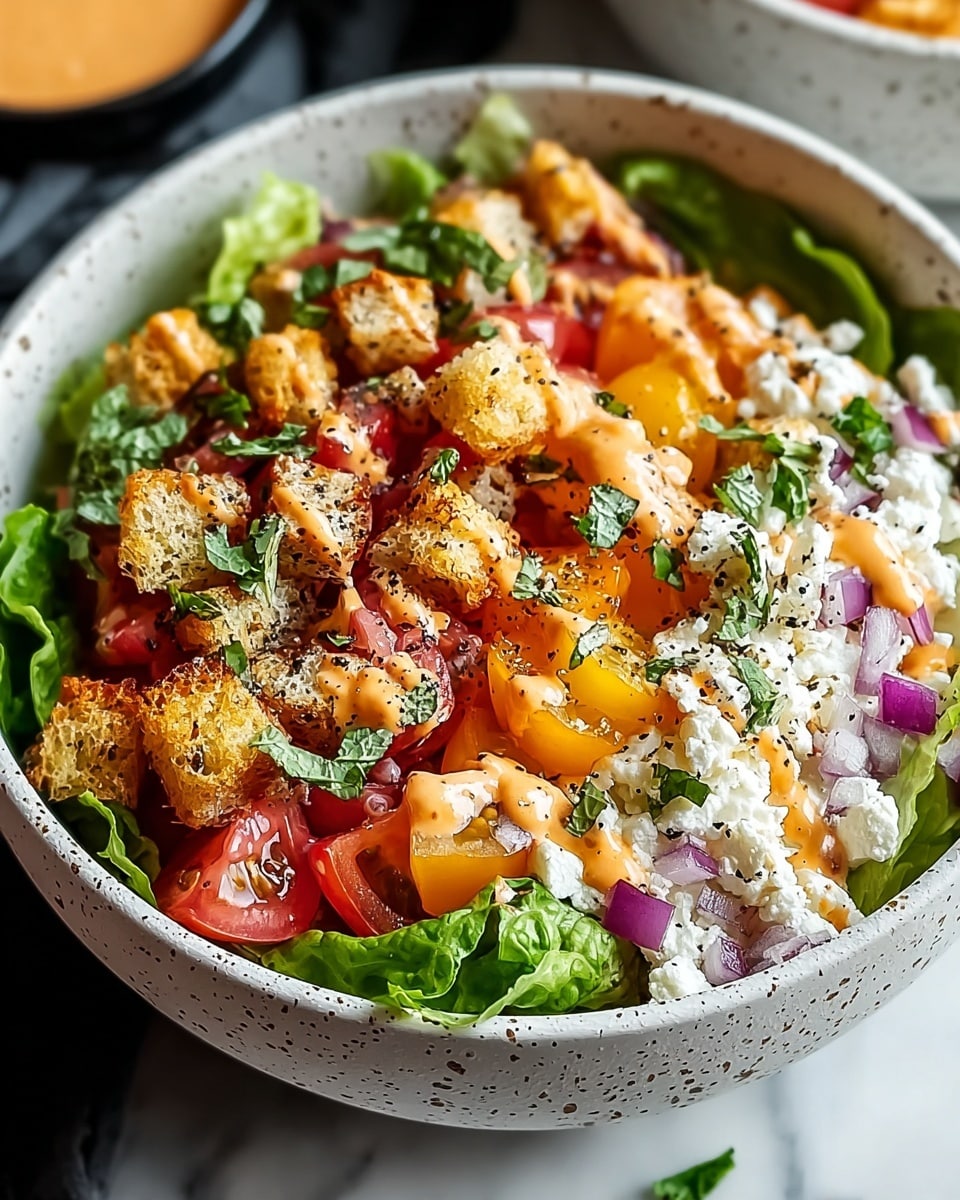 The image shows a white bowl filled with a fresh salad of four main layers. The bottom layer is made of large, green lettuce leaves that line the bowl, creating a leafy bed. On top of the lettuce, around the edges, there are small white curds of cottage cheese with a slightly lumpy texture. On one side, next to the cheese, there are bright red tomato cubes sprinkled with cracked black pepper, giving a rough texture and a shiny, juicy look. The top layer on the other side is made of golden-brown croutons with a toasted, crispy appearance and some darker charred spots. The bowl sits on a white marbled surface next to some whole red tomatoes, and the image is shown in soft, natural light. photo taken with an iphone --ar 4:5 --v 7