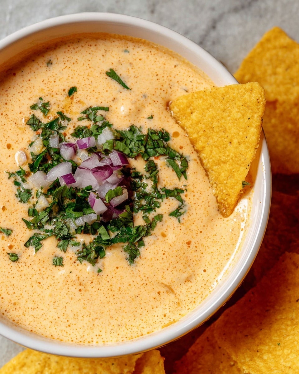 A white bowl filled with a creamy, light orange dip that has a smooth texture. On top, there are small chopped pieces of fresh green herbs and purple-red onion in the center. Two yellow corn tortilla chips are placed on the right side, partially dipped in the sauce. Around the bowl, there are more yellow corn tortilla chips resting on a white marbled surface. Nearby, a small round white bowl holds coarse salt, set on a wooden board for contrast. Photo taken with an iphone --ar 4:5 --v 7
