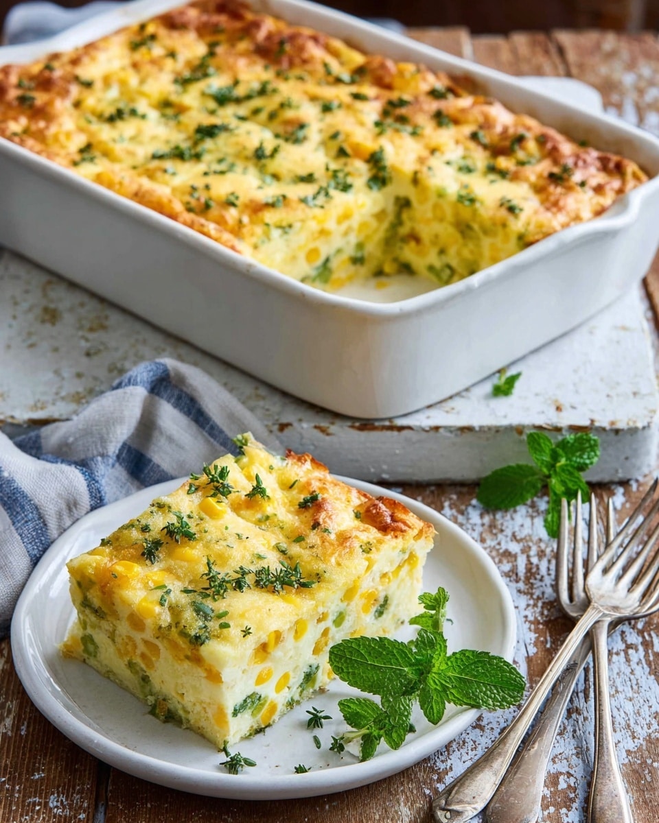 A thick square slice of baked egg casserole sits on a white plate, showing two main layers: a bottom layer of soft, creamy white eggs mixed with small pieces of green herbs and yellow cheese, and a top layer with a golden, slightly browned crust dotted with green herbs. The top crust has a slightly rough texture with browned spots. A small piece is broken off the slice, showing the soft inside with visible bits of herbs and cheese. A silver fork rests beside the casserole on the plate. In the background, parts of whole brown eggs and a white bowl with more of the casserole are slightly blurred, all set on a white marbled surface. Photo taken with an iphone --ar 4:5 --v 7
