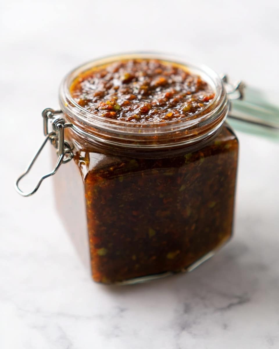 A close-up view of a food processor bowl filled with a thick, coarse sauce or paste. The sauce is dark brown with visible flecks of green herbs and small pieces of other ingredients, giving it a textured, grainy look. The inside of the clear bowl has streaks of the sauce around the sides, with the plastic center post partially coated. The bowl sits on a white marbled surface with soft natural light highlighting the glossy and chunky texture of the mixture. photo taken with an iphone --ar 4:5 --v 7