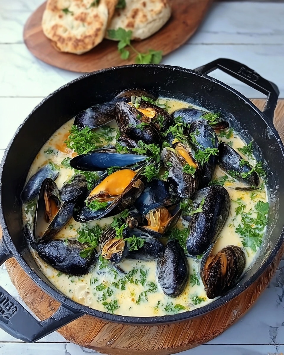 A black pot filled with a creamy white sauce covered in visible specks of green parsley and open mussels showing their bright orange meat inside the shiny dark blue shells. The sauce looks smooth and thick, evenly coating the mussels. Near the pot, on a wooden board, sits a piece of light golden bread with a soft texture and green herb garnish. All of this is placed on a white marbled textured surface. photo taken with an iphone --ar 4:5 --v 7