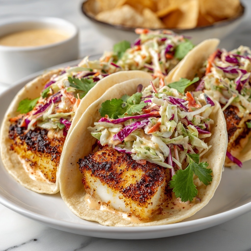 Three tacos are shown on a white plate, each with soft, light beige tortillas as the base layer. Inside the tacos, a thick piece of golden-brown grilled fish with a slightly crispy texture is placed at the bottom. On top of the fish is a generous layer of coleslaw made of white, purple, and light pink shredded cabbage and carrots, coated in creamy white dressing. Small green cilantro leaves peek out from beneath the fish. The background shows a white marbled surface with chips and a bowl of beige-colored sauce or dip slightly out of focus. Photo taken with an iphone --ar 4:5 --v 7