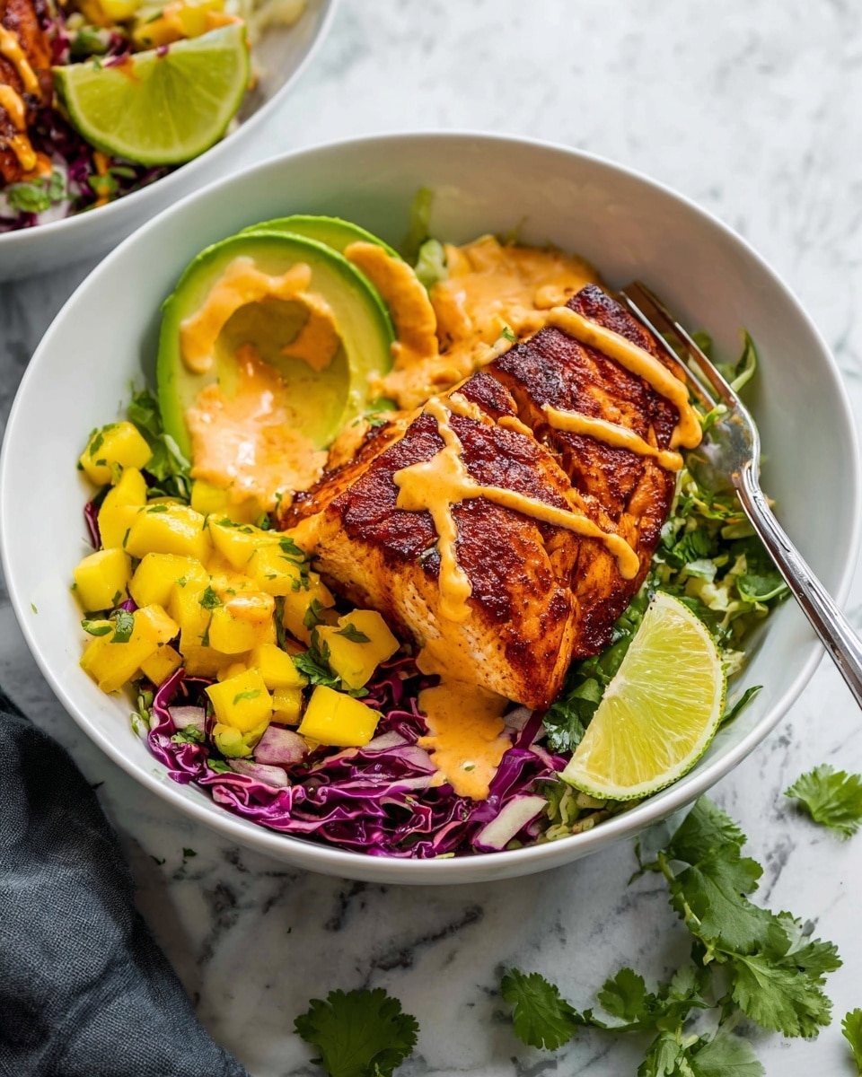 A white bowl with four layers, starting with finely chopped green and purple cabbage at the bottom, topped with small bright yellow mango chunks mixed with herbs. On top of the mango is a dark reddish-brown grilled fish fillet drizzled with an orange creamy sauce. On one side of the fish are three slices of fresh light green avocado, and a lime wedge is placed next to the avocado. A small sprig of green cilantro is tucked beside the fish near the avocado. The bowl sits on a white marbled surface with some cilantro leaves scattered nearby. A silver fork is inside the bowl on the right side. Photo taken with an iphone --ar 4:5 --v 7